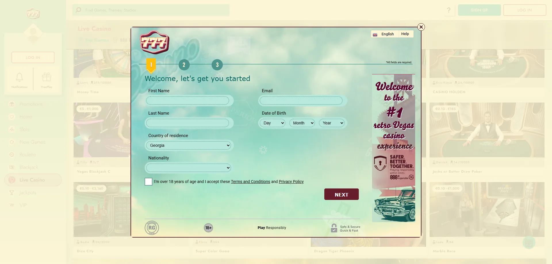 777 Casino registration process — create a new account quickly