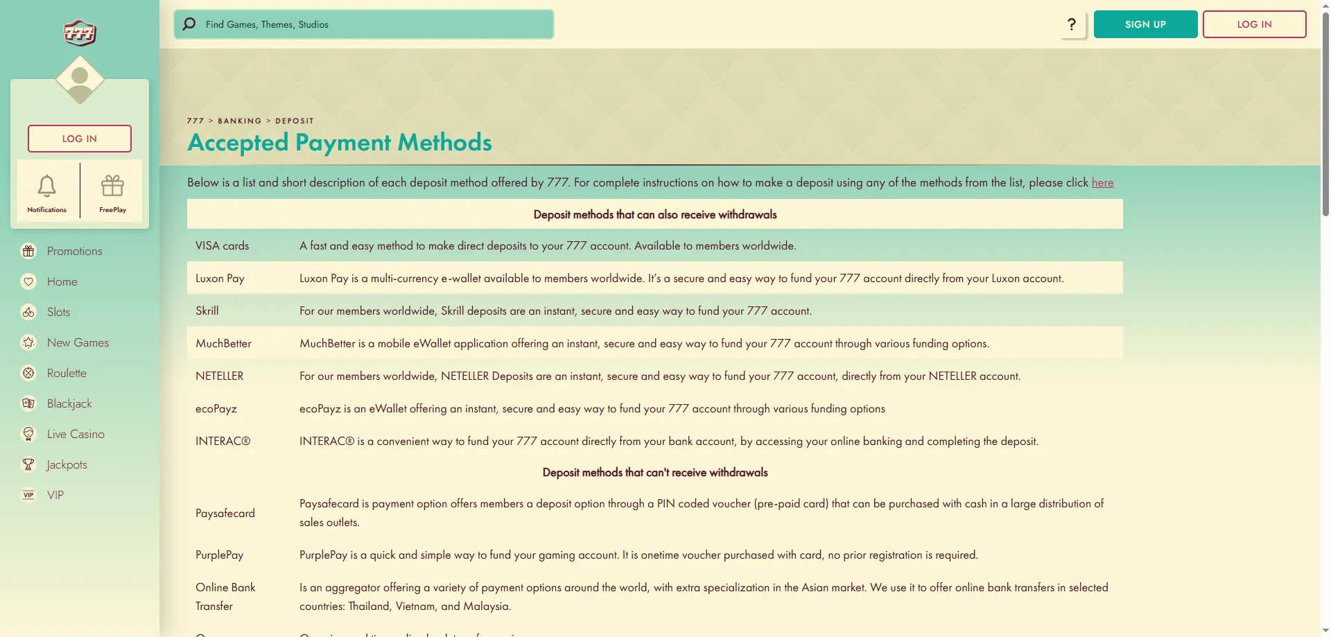 777 Casino deposit and withdrawal methods — Skrill, PayPal, VISA and more